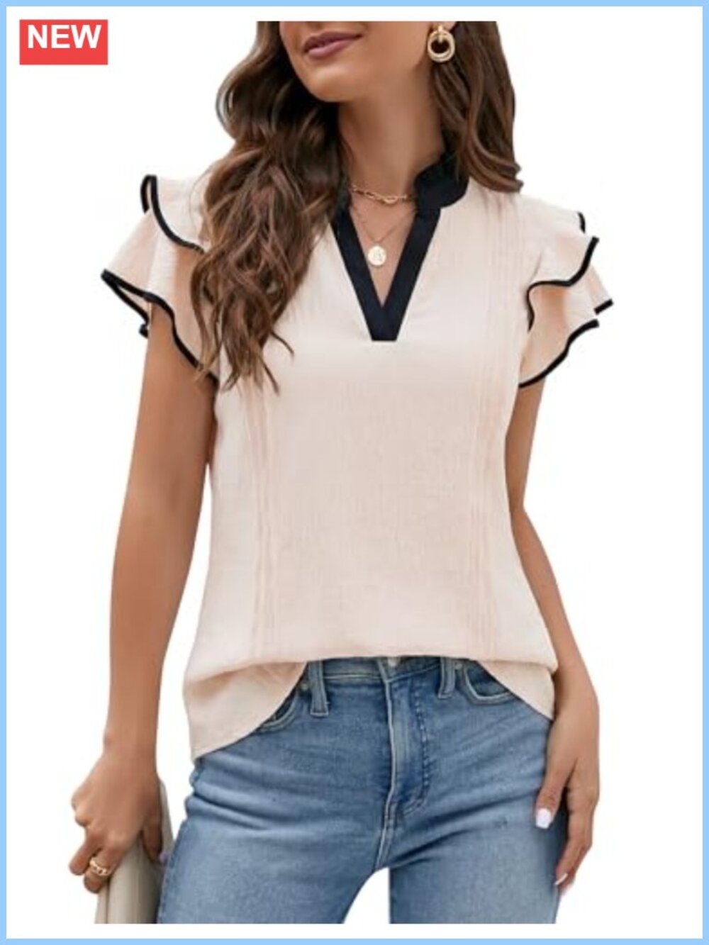 Women's V Neck Ruffle Short Sleeve Blouse Dressy Casual